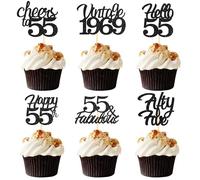 Sotpot 55th Birthday Cupcake Toppers, 24 Pcs Black Glitter Fabulous/Cheers/Hello 55 Cupcake Picks Birthday Party Cupcake Decorations (6 Styles)