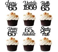 Sotpot 65th Birthday Cupcake Toppers, 24 Pcs Black Glitter Fabulous/Cheers/Hello 65 Cupcake Picks Birthday Party Cupcake Decorations (6 Styles)