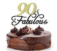 Sotpot 90 Fabulous Birthday Cake Topper Black Gold Glitter Fabulous Cake Toppers for 90th Wedding Anniversary Birthday Party Cake Decorations Supplies