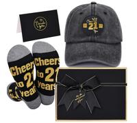 Sotpot Ready Gift 21st Birthday Gift Set for Young Men, Vintage Washed Black Cap Gold Foil Patch, 21st Socks, Gold Foil Card & Metallic Edged Gift Box, Gifts for Son, Brother