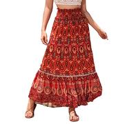 SotRong Boho Maxi Skirt for Women Summer Holiday Gypsy Skirts Floral Bohemia Skirt High Waisted Hippie Skirt Red M
