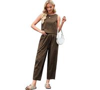 SotRong Gingham Summer Two Pieces Outfit Women Relaxed Boxy Fit Plaid Checked Pattern Leisure Wear Sets Sleveless Crewneck Tank Tops High Elastic Waist Cropped Pants Casual Y2k Matching Set Khaki 2XL