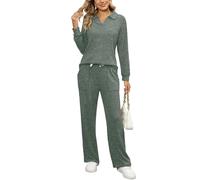 SotRong Ladies Leisure Suits Wide Leg Loungewear Sets for Women uk Fleece Pyjamas Sets 2 Pieces Travel Outfit Airport Set Green S