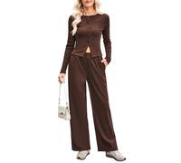 SotRong Ladies Leisure Wear Sets 2 Piece Ribbed Knit Lounge Wear Sets Long Sleeve Button Up Cardigan Top & Wide Leg Palazzo Pants Co-ord Cozy Loungewear Spring Autumn Winter Outfit Coffee XL