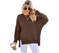 SotRong Ladies Sweatshirts Without Hood Long Sleeve Crewneck Oversized Sweatshirt Side Slit Long Sleeve Pullover Slouchy Fit Y2K Tops Coffee S