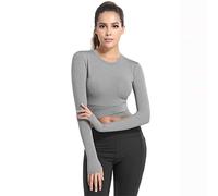 SotRong Long Sleeve Crop Tops for Women Cross Wrap Workout Yoga Gym Top T Shirts with Thumb Holes Ladies Activewear Grey M