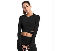 SotRong Long Sleeve Gym Crop Tops for Women UK Cross Wrap Slim Fit Running Sports Workout Yoga T Shirt with Thumb Holes Black M