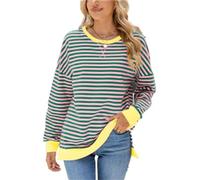 SotRong Longline Striped Sweatshirt for Women Uk Crewneck Split Hem Pullover Casual Long Sleeve Baggy Tops Trendy Color Block Y2k Preppy T Shirts Green Pink M