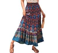 SotRong Maxi Skirt Floral Print Gypsy Skirts for Women UK Elasticated Waist Summer Boho Skirt Ladies Bohemia Long Ruffle A line Summer Dress Blue XL