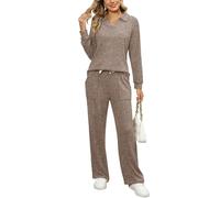 SotRong Ribbed Knitted Loungewear Sets for Women uk Petite Two Pieces Activewear Sets Cosy Pyjamas Ladies Leisure Suits Khaki S
