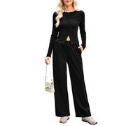 SotRong Ribbed Lounge Wear Sets for Women Solid Leisure Suits Long Sleeve Two Piece Outfit Button Front Cardigan Tops Elastic Waist Pants 2 Piece Co Ord Cozy Homewear Nightwear Speepwear Black M