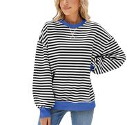 SotRong Women Striped Oversized Sweatshirt Color Block Long Sleeve Shirt Crew Neck Casual Loose Pullover Y2K Top Trendy Preppy T Shirts Black&White 2XL