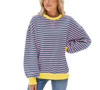 SotRong Women Striped Oversized Sweatshirt Long Sleeve Crew Neck T Shirt Spring Fall Pullover Top Trendy Y2k Preppy Clothes Green&Pink L