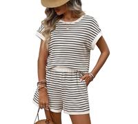 SotRong Women Two Piece Striped Outfit Casual Lounge Set Matching Set with Short Sleeve Crew Neck Top and Elastic Waist Shorts Summer Co Ord Set Relaxed Fit Lightweight Vacation Travel Home Wear