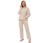 SotRong Women's 2 Piece Lounge Set Waffle Knit Hoodie and Pants Casual Long Sleeve Pullover Hooded Top with Pockets Straight Leg Sweatpants Tracksuit Soft Loungewear Homewear Pajamas Outfit Apricot L