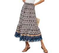 SotRong Womens Boho Maxi Skirt High Waist Flowy Long Elastic Waist Ethnic Print Summer Beach Lightweight Pleated A-Line Casual Vacation Bohemia Skirts Navy Blue XL