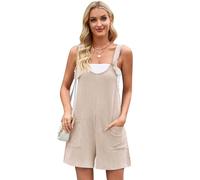 SotRong Womens Casual Ribbed Knit Short Jumpsuit with Adjustable Tie Straps and Front Pockets Cute Summer Sleeveless Romper Playsuit Baggy Loose Slouch Tank Overalls Apricot M