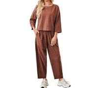 SotRong Women's Checkered Matching Set Relaxed Fit Long Sleeve Pullover and Barrel Leg Pants GinghamCoordinated Outfit Plaid Leisure Loungewear Set Red XL