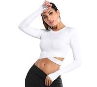 SotRong Women's Cross Bandage Yoga Gym Crop Top Compression Workout Athletic Long Sleeve Shirt with Thumb Holes White S