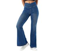 SotRong Womens Elastic Crossover Waist Flared Jeans High Waisted Tummy Control Pull On Stretchy Bell Bottom Wide Leg Bootcut Denim Pants with Pockets Navy Blue XS