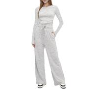 SotRong Women's Fall Two Piece Outfits Full Tracksuits Set Long Sleeve Crop Tops Tee Shirts Wide Leg Pants Matching Lounge Sets Cozy Homewear Sleepwear Nightwear Leisurewear Light Grey XL