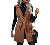 SotRong Womens Faux Leather Belted Waistcoat Urban Chic Lapel Sleeveless Wrap Vest Blazer Jacket Longline Open Front V-Neck Gilets Trendy Outerwear for All Season