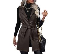 SotRong Womens Faux Leather Belted Waistcoat Urban Chic Lapel Sleeveless Wrap Vest Blazer Jacket Longline Open Front V-Neck Gilets Trendy Outerwear for All Season Coffee M