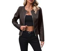 SotRong Womens Faux Leather Zip-Up Jacket Cropped Moto Style Blazer Collarless PU Biker Motorcycle Coat Lightweight Fashion Outwear for All Seasons Coffee 2XL