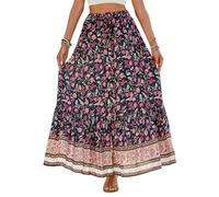 SotRong Womens Floral Print Bohemian Maxi Skirt with Drawstring Waist Middle Slit Elastic Waist Long Skirt Vintage Boho Summer Beach Gypsy Festival Skirt for Vacation Holiday Navy Blue S