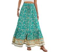 SotRong Womens Floral Print Bohemian Maxi Skirt with Drawstring Waist Middle Slit Elastic Waist Long Skirt Vintage Boho Summer Beach Gypsy Festival Skirt for Vacation Holiday Green L