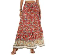 SotRong Womens Floral Print Bohemian Maxi Skirt with Drawstring Waist Middle Slit Elastic Waist Long Skirt Vintage Boho Summer Beach Gypsy Festival Skirt for Vacation Holiday Red M