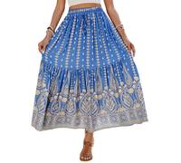 SotRong Womens Floral Print Bohemian Maxi Skirt with Drawstring Waist Middle Slit Elastic Waist Long Skirt Vintage Boho Summer Beach Gypsy Festival Skirt for Vacation Holiday Blue XL