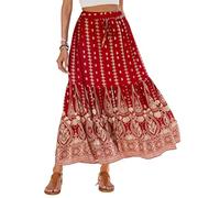 SotRong Womens Floral Print Bohemian Maxi Skirt with Drawstring Waist Middle Slit Elastic Waist Long Skirt Vintage Boho Summer Beach Gypsy Festival Skirt for Vacation Holiday Wine Red XL
