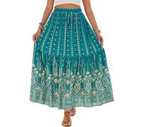 SotRong Womens Floral Print Bohemian Maxi Skirt with Drawstring Waist Middle Slit Elastic Waist Long Skirt Vintage Boho Summer Beach Gypsy Festival Skirt for Vacation Holiday Green M