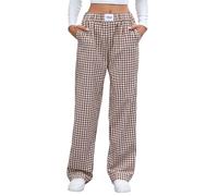 SotRong Women's Gingham Checkered Pants High Waist Plaid Wide Leg Summer Lounge Trousers Elastic Waist Band Loose Baggy Palazzo Pants Casual Korean Fashion Coffee XL