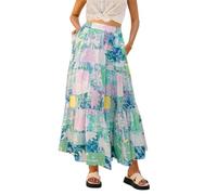 SotRong Women's High-Waisted Bohemian Tiered Ruffle Skirt with Maeve Aqua Blue Green Abstract Print Long Flowy Summer Boho Beach Maxi Skirt for Holiday Vacation M