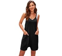 SotRong Women's Short Jumpsuits Solid V-neck Sling Cami Jumpsuit with Pocket Hot Shot Onesie Playsuit Summer Casual Sleeveless Boho Romper Loose Baggy Overalls Black M