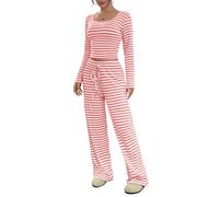 SotRong Women's Striped Lounge Set Two Piece Outfit Long Sleeve Crop Top Wide Leg Pants Sleepwear Pajamas Homewear Loungewear Peach S