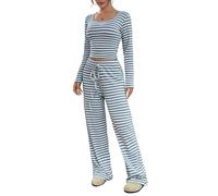 SotRong Women's Striped Pajama Set with Long-Sleeve Crop Top and Wide-Leg Pants Blue White Stripe Loungewear Elastic Waist Drawstring Soft Lightweight Sleepwear Cozy Casual Two-Piece Outfit for Home M