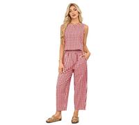 SotRong Women's Summer Gingham Matching Outfit Two Piece Linen Set Sleeveless Crop Top and Barrel Leg Pants Leisure Suits Plaid Pyjamas Casual Lightweight Checkered Co-ord Set Bright Red 2XL