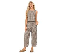 SotRong Women's Summer Gingham Matching Outfit Two Piece Linen Set Sleeveless Crop Top and Barrel Leg Pants Leisure Suits Plaid Pyjamas Casual Lightweight Checkered Co-ord Set Brown XL