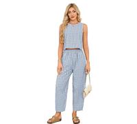 SotRong Women's Summer Gingham Matching Outfit Two Piece Linen Set Sleeveless Crop Top and Barrel Leg Pants Leisure Suits Plaid Pyjamas Casual Lightweight Checkered Co-ord Set Sky Blue 2XL