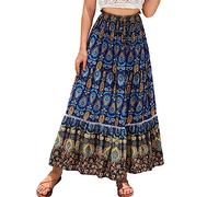 SotRong Womens Summer Gypsy Skirts Floral Print Long Maxi Skirts Ladies Elasticated Waisted A Line Ruffle Tiered Skirt Holiday Beach Boho Skirts Navy Blue M