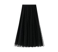 SotRong Women's Tulle Midi Skirt with Mesh, Pleated Tutu, Elastic Waist, Overlay Layered Polka Dot A-line Porm Skirt - Black, One Size