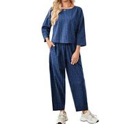 SotRong Women's Two Piece Gingham Matching Set Long Sleeve Crew Neck Top with Wide Leg Pants Checkered Plaid Lounge Wear Casual Leisure Outfit Blue 2XL
