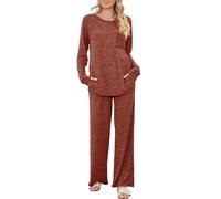 SotRong Womens Winter Warm Lounge Wear Sets 2 Piece Ribbed Leisure Suits Fluffy Pyjamas Ladies Loungewear Homewear Nightwear Oversized Baggy Longline T-Shirt Trousers Set with Pocket Red L