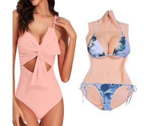 SoTUCR Full Silicone Bodysuit Crossdressing Realistic Breastplate Swimming Suit Style Silk Floss Filling Breast for Cosplay,Color 2,Basic CCup