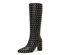 Souactimuy Women's Studded Knee High Boots - Faux Leather Chunky Heel Pointed Toe Dress Boots for Fall Winter Fashion, Black, 5.5 UK