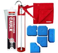 Soudal Decorators Caulk White Set with Caulking Gun, 5 Silicone Caulking Tools & Fibre Cleaning Cloth | Flexible Paintable White Caulk for Cracks, Gaps, Skirting Boards, Walls, Door Frames & Windows