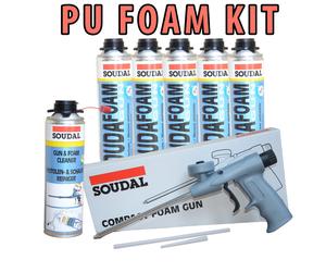 SOUDAL PU EXPANDING FOAM KIT-10 CANS 750ML +COMPACT GUN +GUN CLEANER 500ML
